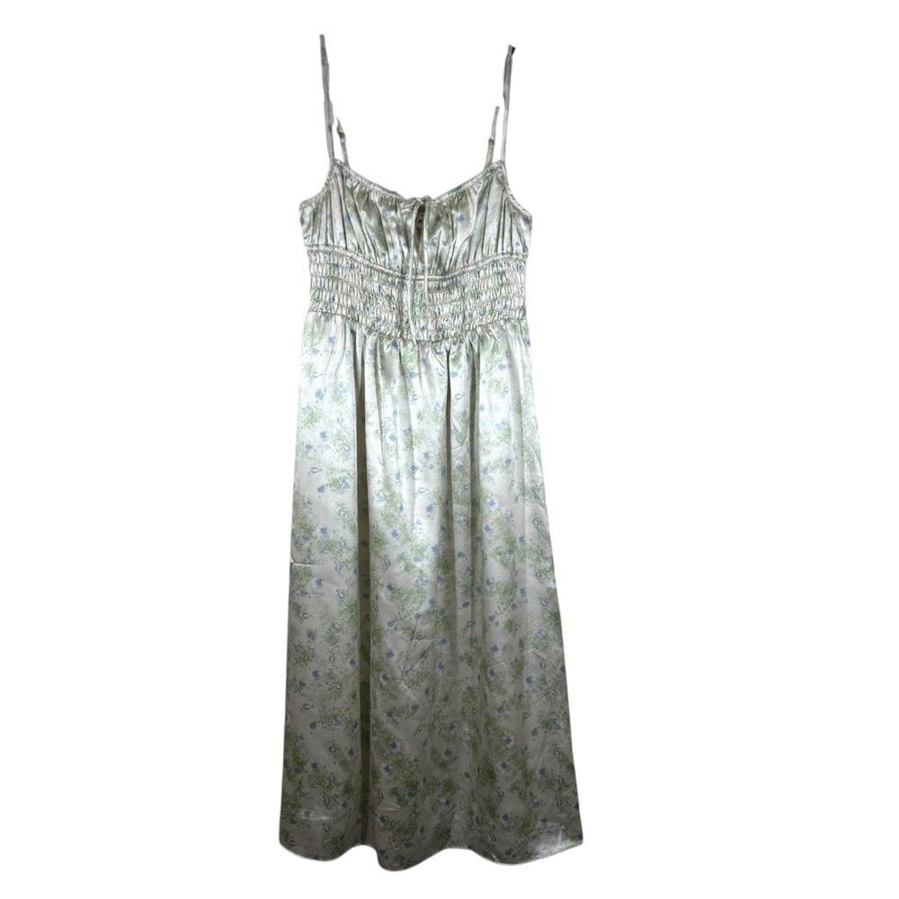 ASTR The Lable Smocked Maxi Dress In Cream Blue Floral Silk Milkmaid Medium